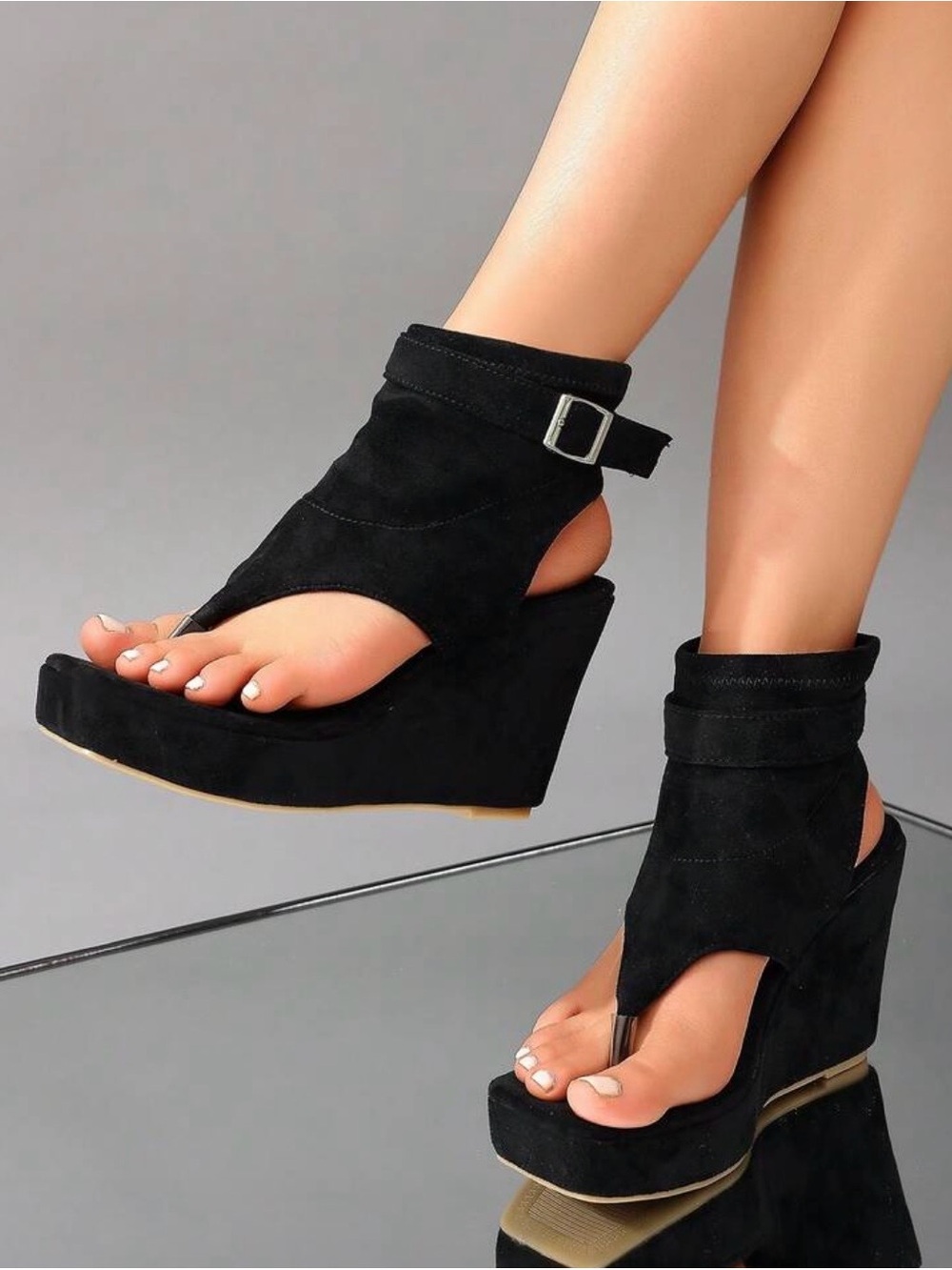 Women’s Black Suede Wedge Sandals with Ankle Strap